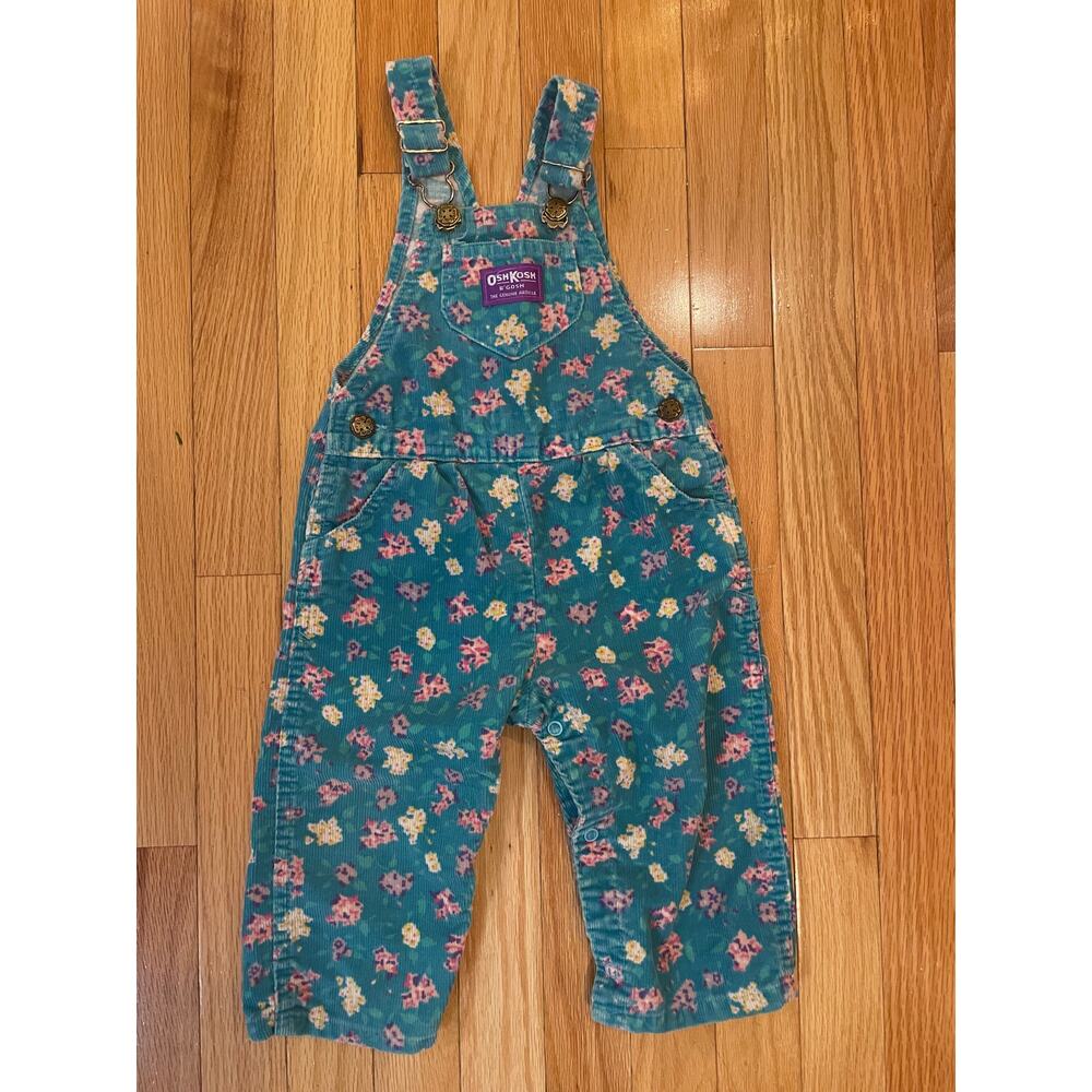 Vintage Oshkosh B'Gosh Vestbak Blue Floral Corduroy Children Overalls 24 mo USA